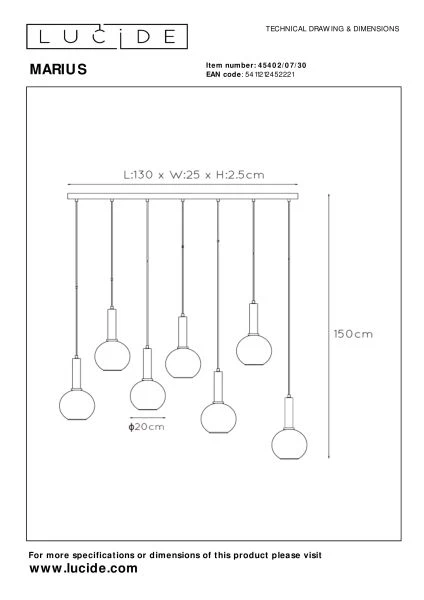 Lucide MARIUS - Pendant light - 7xE27 - Black - technical